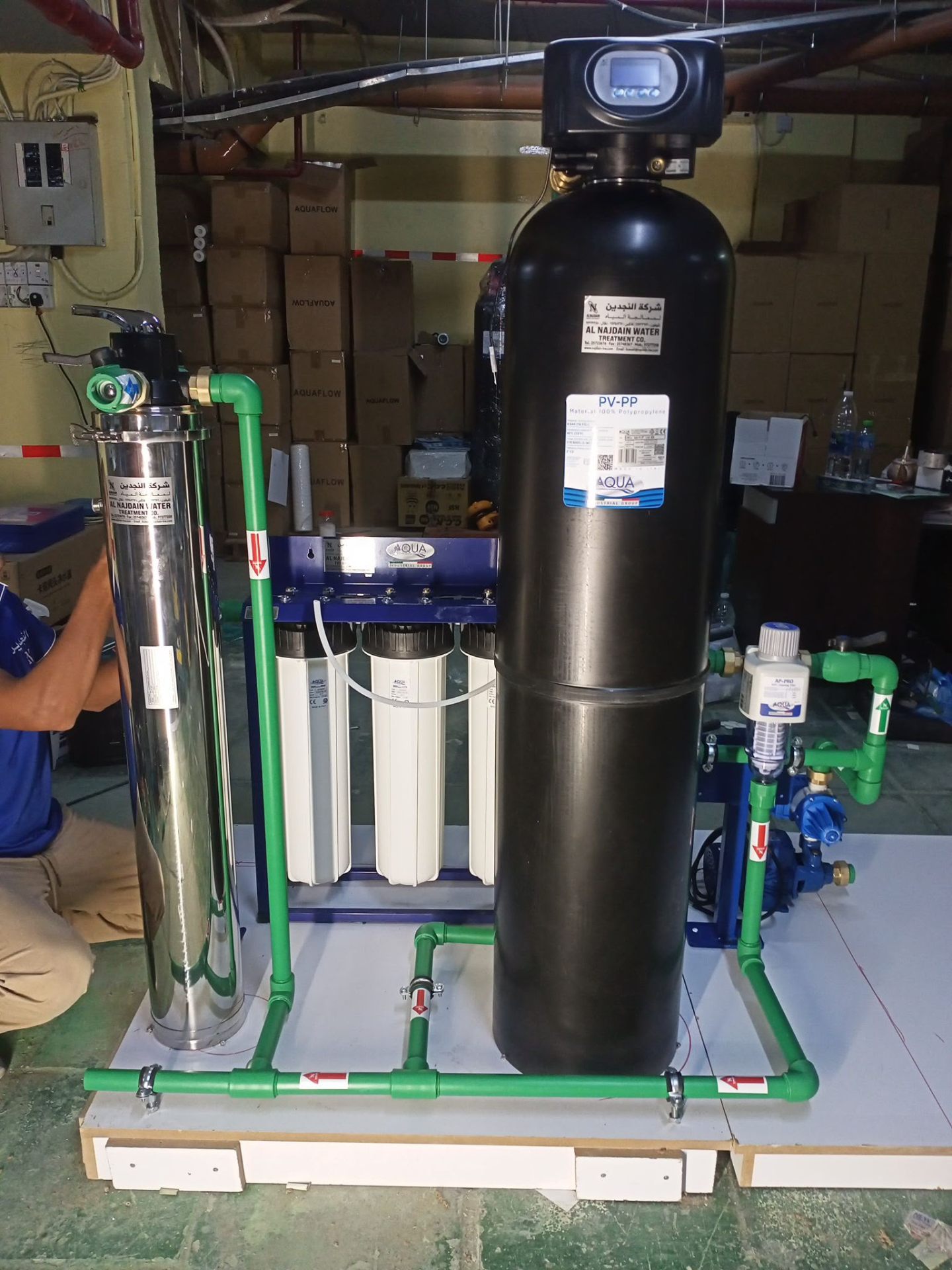 Compact RO skid with softener, multi-stage filters and high-pressure pump